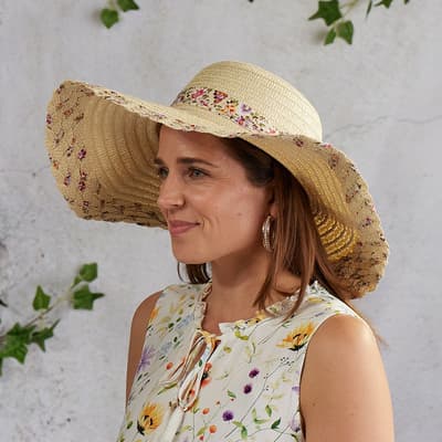 Straw Floppy Hat with Floral Woven Ribbon