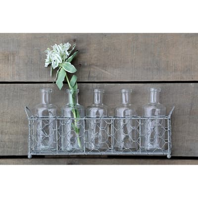 5 Glass Bottle Vases in Wire Baskets