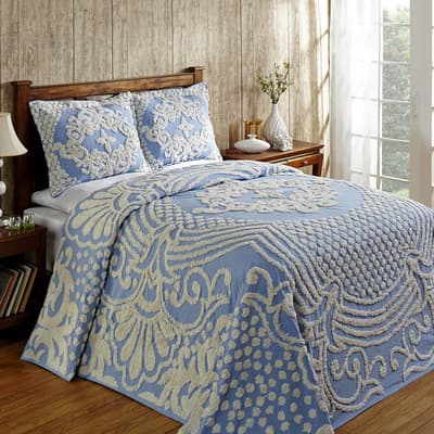 Florence Blue Tufted Chenille Bedspread - Queen
