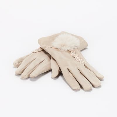 Light Tan Faux Suede Pom Gloves