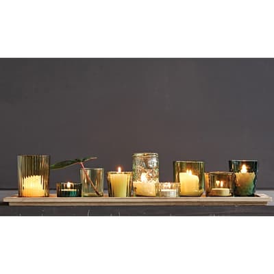 Glass Votive Holders in Wood Tray