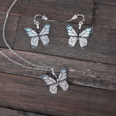 Blue Butterfly Silver Necklace and Earring Set