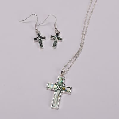 Silver Abalone Cross Necklace and Earring Set