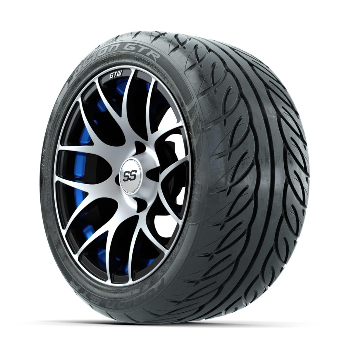 GTW Pursuit Machined/Blue 14 in Wheels with 225/40-R14 Fusion GTR Street Tires – Full Set