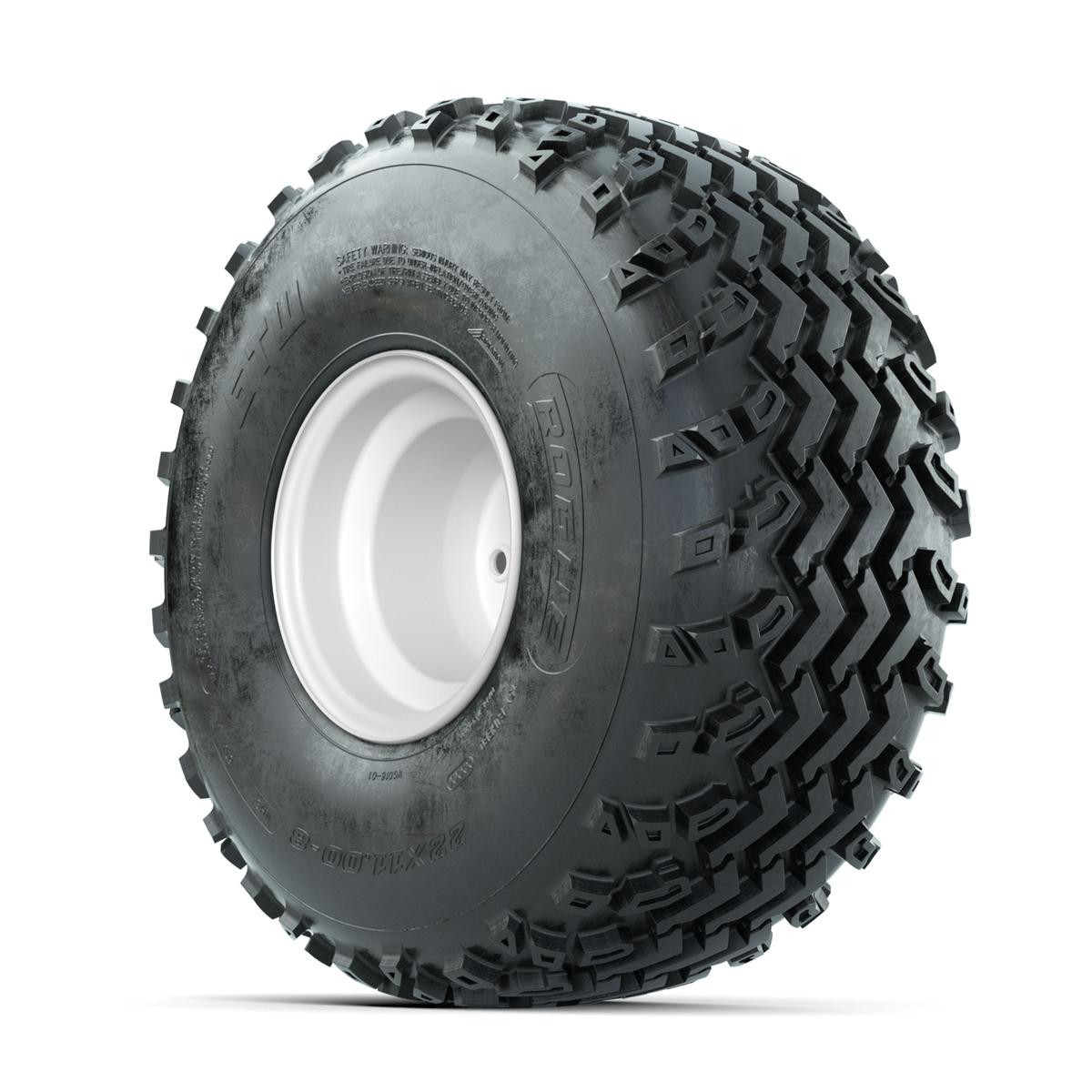 GTW Steel White 2:5 Offset 8 in Wheels with 22x11.00-8 Rogue All Terrain Tires – Full Set