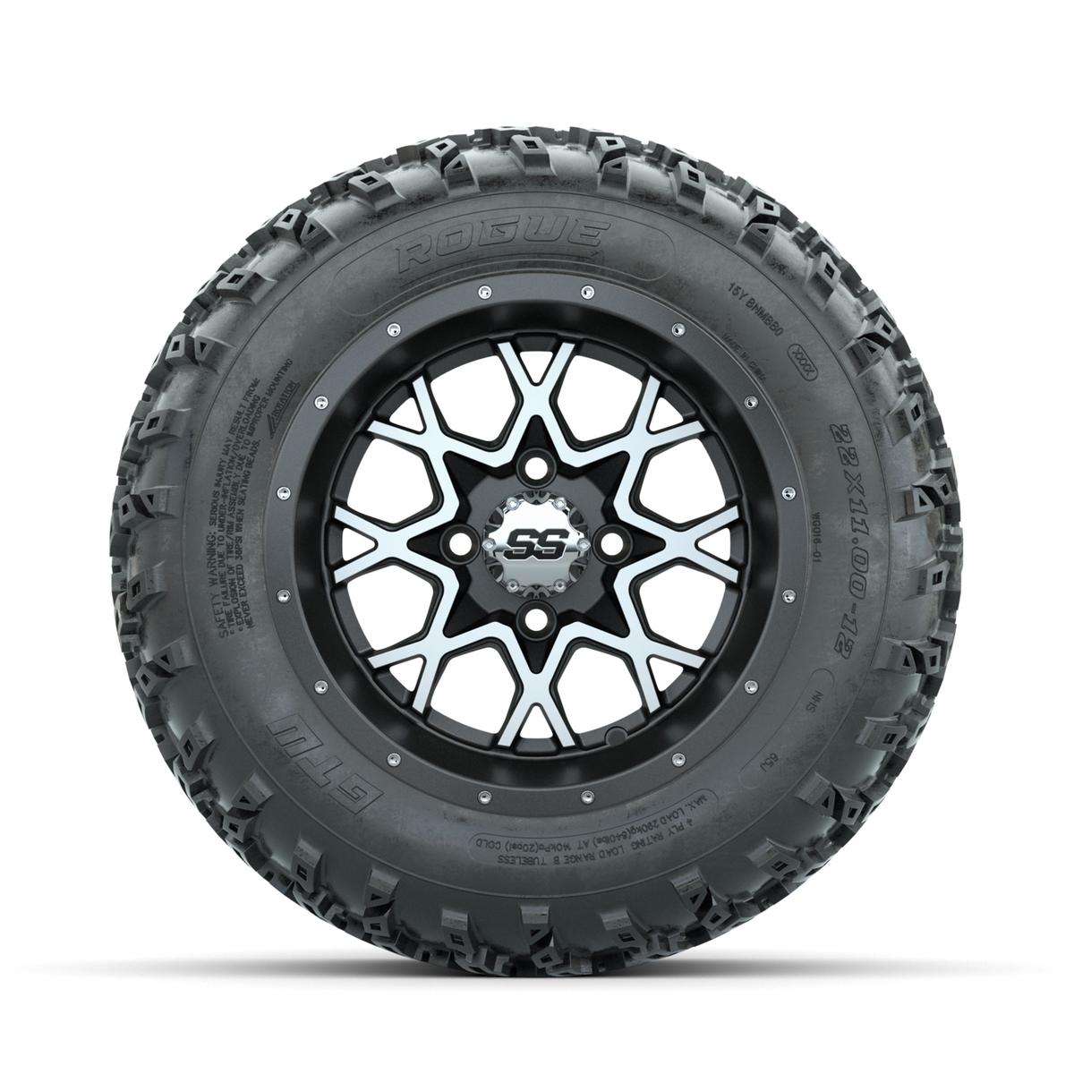 GTW Vortex Machined/Matte Grey 12 in Wheels with 22x11.00-12 Rogue All Terrain Tires – Full Set