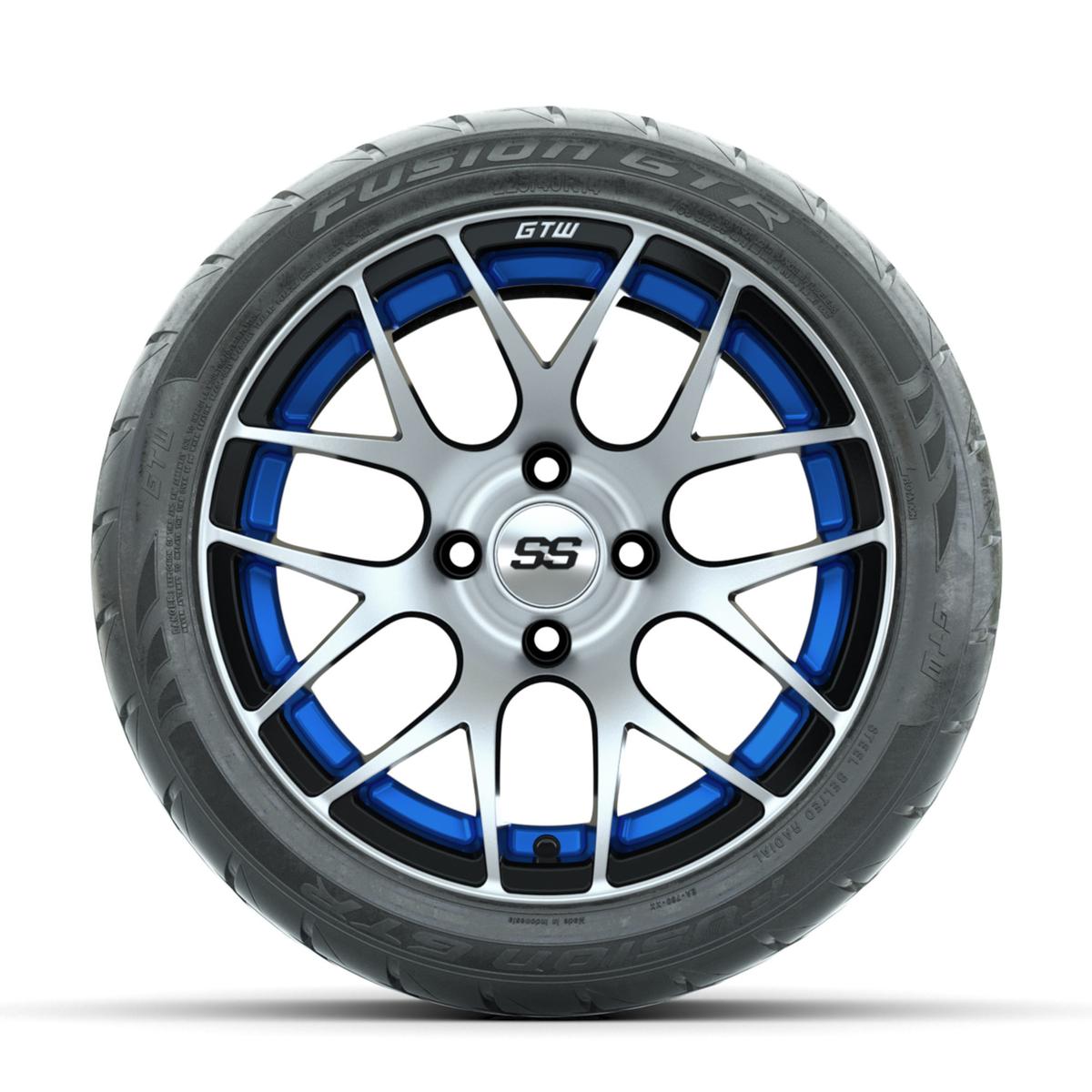 GTW Pursuit Machined/Blue 14 in Wheels with 225/40-R14 Fusion GTR Street Tires – Full Set
