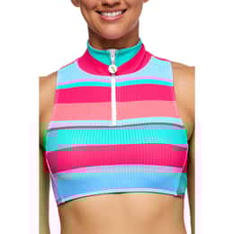 Next By Athena Women's Bermuda Stripe Paddle Out Zip Mock Neck Crop Top
