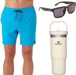 O'Neill Men's Lennox Hermosa Solid Volley 17" Boardshorts + Stanley IceFlow Flip Straw 30 oz Tumbler + ONE by Optic Nerve Mashup Sunglasses Summer Package