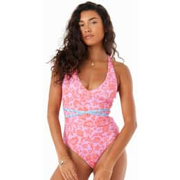 ROXY Women's Tapestry Patchwork Wrap Tie Plunge One Piece Swimsuit