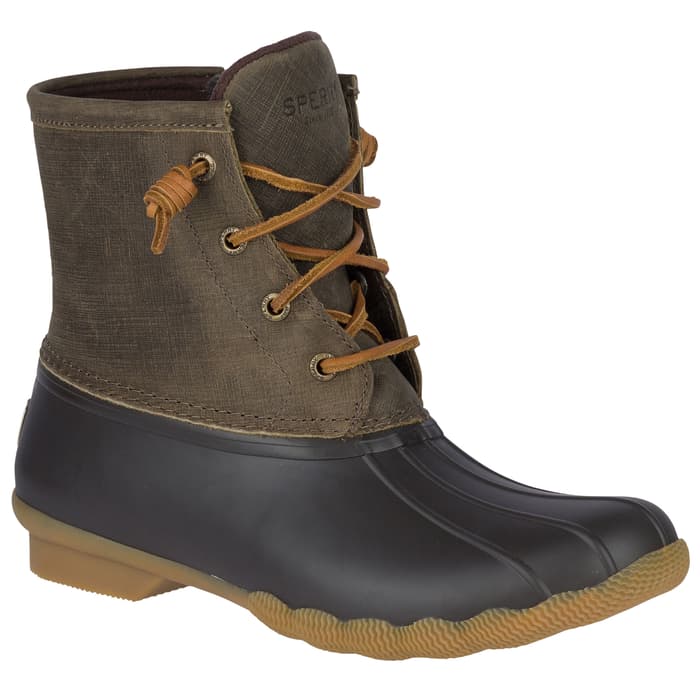 olive and brown sperry duck boots
