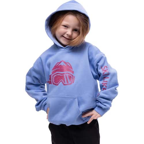 Ski Like A Girl Girls' Carolina Blue Pink Glitter Hoodie alt image view 5