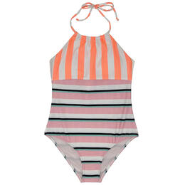 Beach Lingo Girl's Vibration Stripe High Neck One Piece Swimsuit