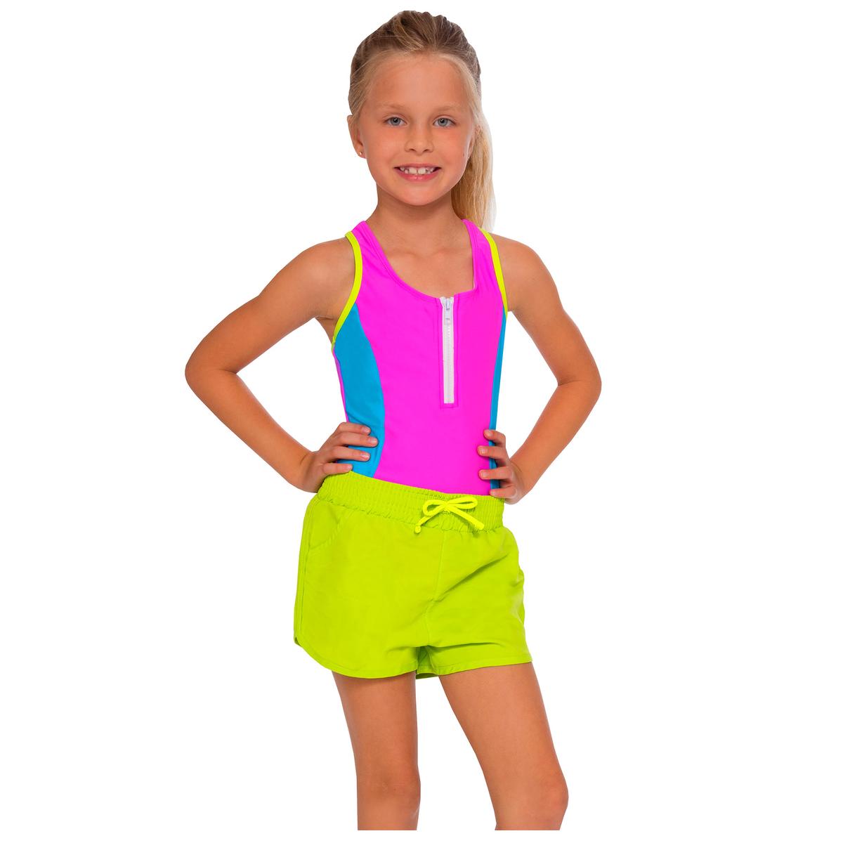 InGear Fashions Girls' Zipper Racerback One Piece Swim Short Set - Sun ...