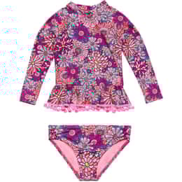 Beach Lingo Little Girls' Long Sleeve Rashguard with Pom Pom Ruffle Waist and Hipster Bottom Set