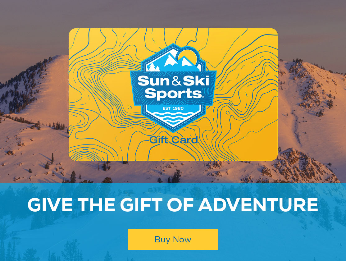 Sun and Ski Gift Cards are available for purchasing outdoor sports equipment like skis, snowboards, bikes, and boots. 