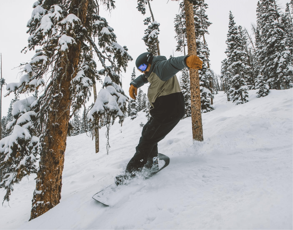 A snowboarder in a grey and tan jacket, black pants, and blue goggles carves through a snowy, tree-lined slope.