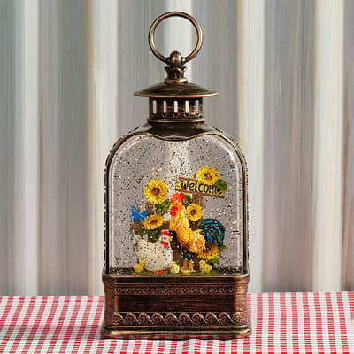 Rooster Welcome Lantern Glitter Globe