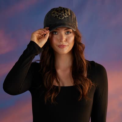 Leopard Rhinestone Heart Gray Cap