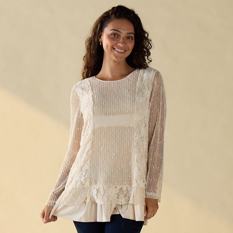 トップス andmary ANDMARY Claire set tops ivory Ivory Mix Media Top - Cracker Barrel