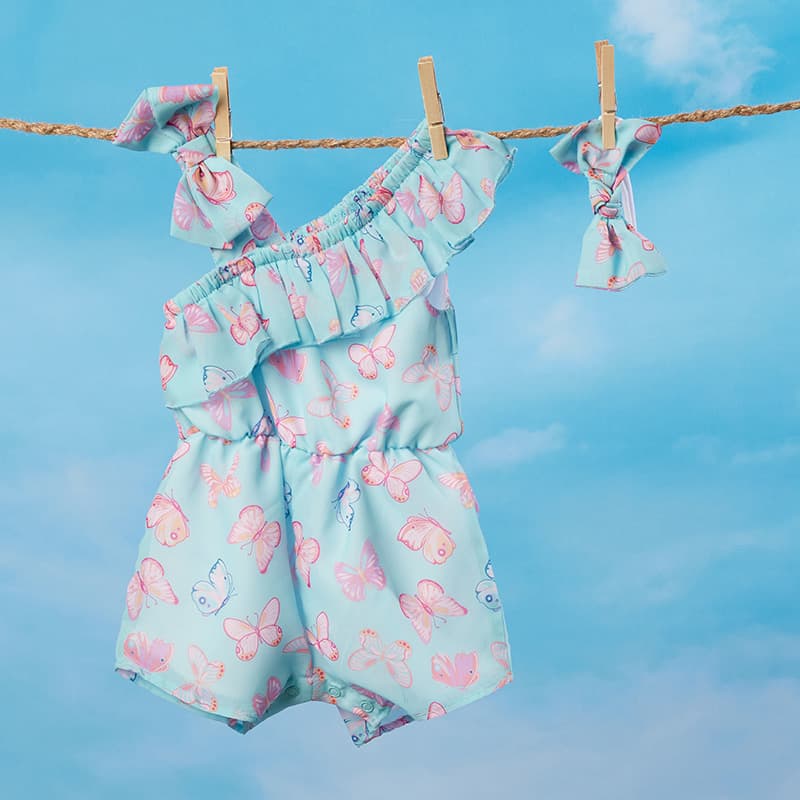 Infant Chiffon Butterfly Blue Ruffle Romper with Headband