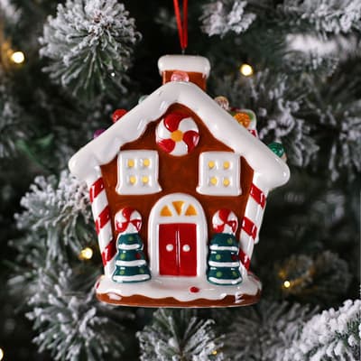 Lighted Ceramic Gingerbread House Ornament