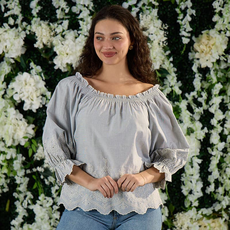 Blue Smock Neck Embossed Blouse - Cracker Barrel