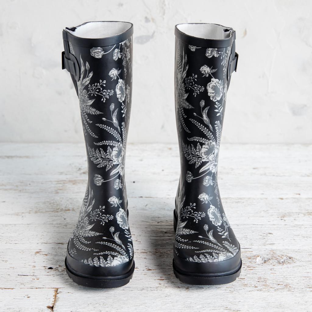 Black floral rain boots online