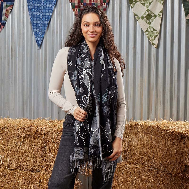 Black and White Jacquard Embroidered Scarf - Cracker Barrel