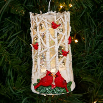 Cardinal Birch Tree Glitter Globe Ornament