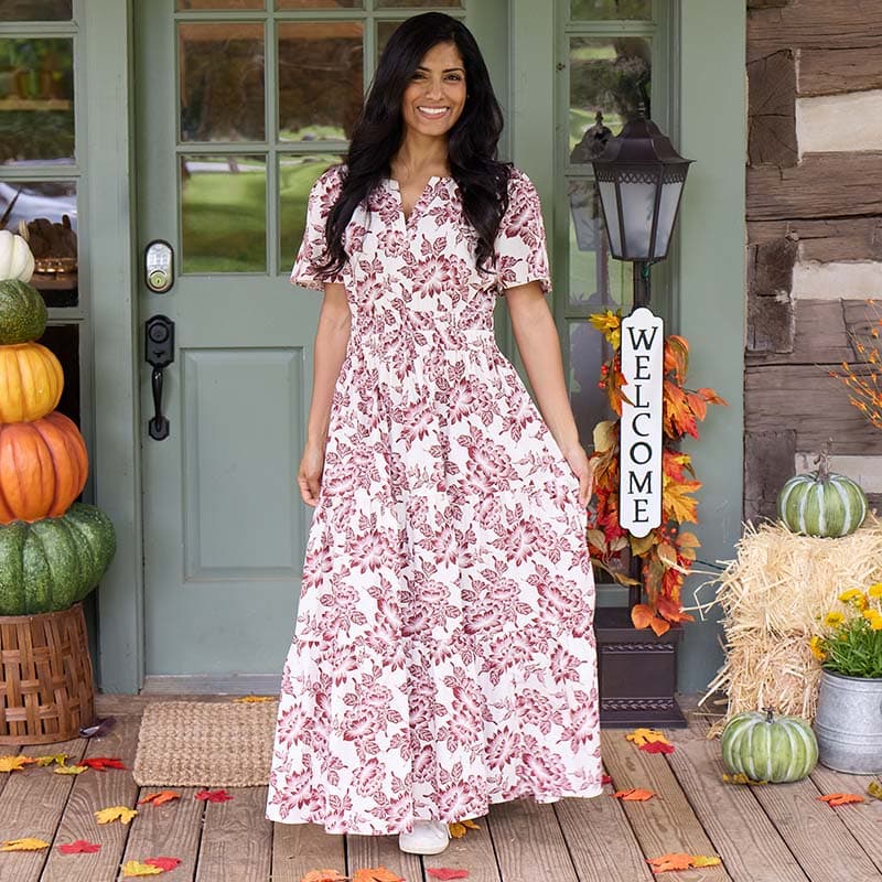 Wine Floral Print Dress Cracker Barrel