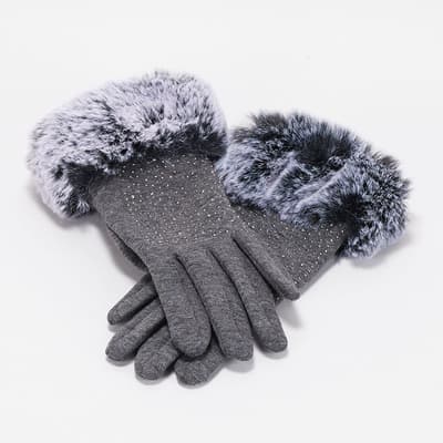 Bling Gray Gloves with Faux Fur Trim