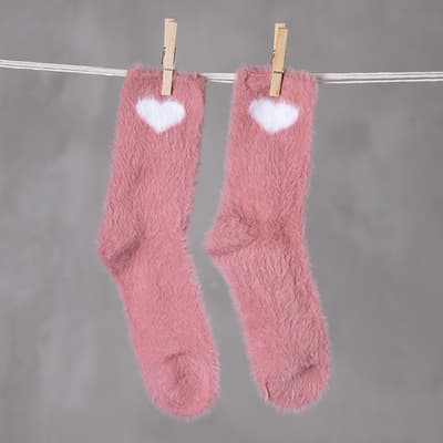 Fuzzy Pink Socks with White Hearts