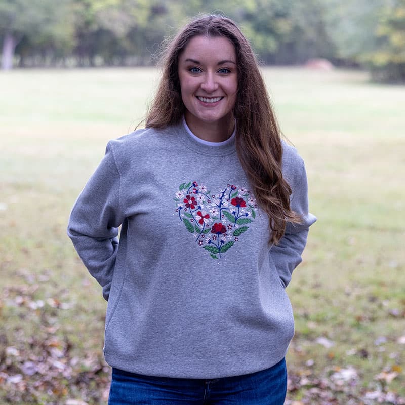 Embroidered Floral Heart Gray Pullover Fleece - Cracker Barrel