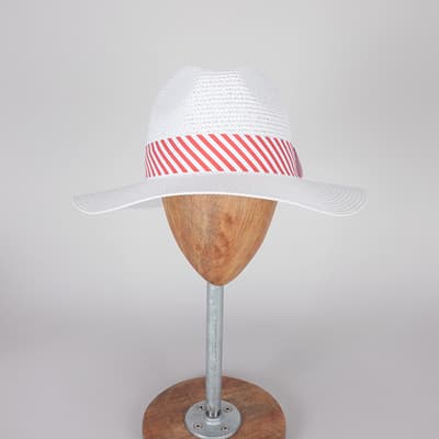 White Fedora with Red and White Striped Ribbon