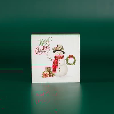 Merry Christmas Snowman Block Sign