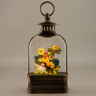 Rooster Welcome Lantern Glitter Globe