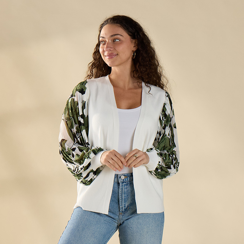 Ivory Pleated Sleeve Cardigan - Cracker Barrel