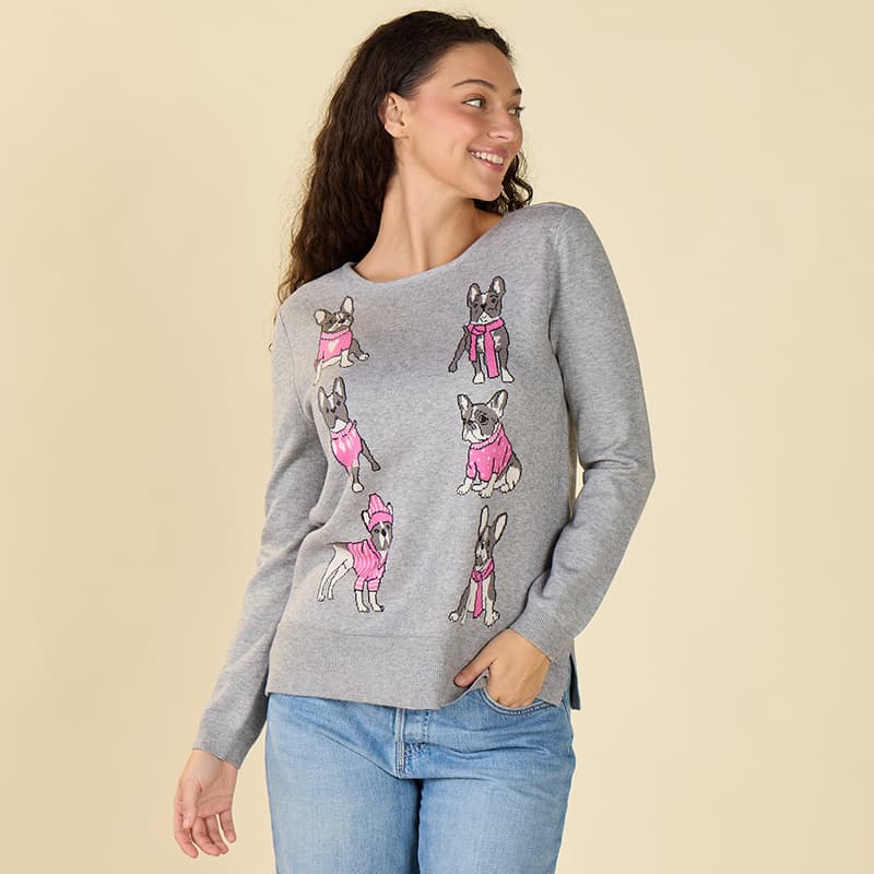 Frenchie Intarsia Gray Sweater - Cracker Barrel