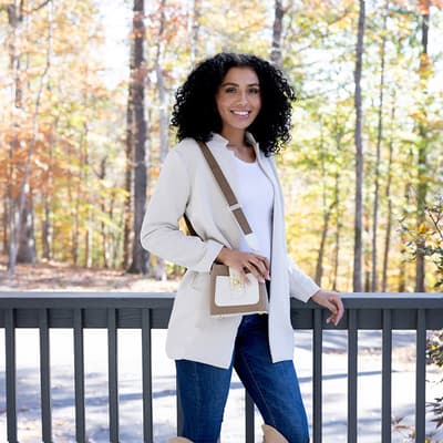 Taupe and White Colorblock Crossbody with Pearls