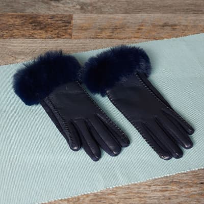 Navy Faux Leather Fur Cuff Gloves