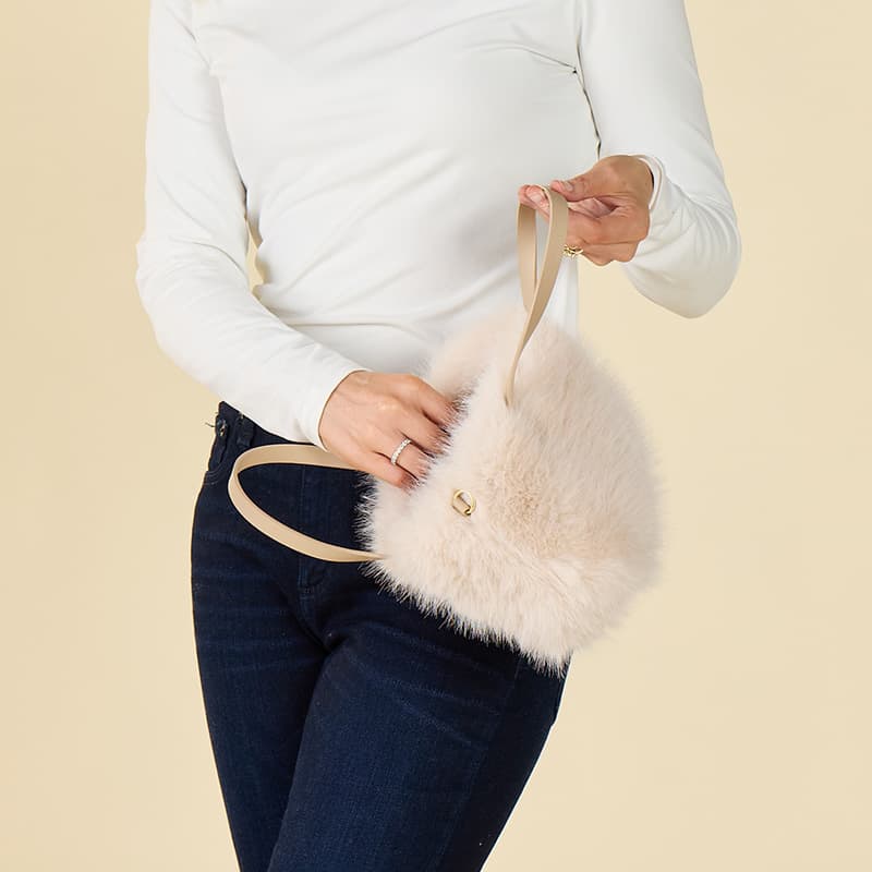 Ivory Faux Fur with Faux Leather Bucket Bag - Cracker Barrel