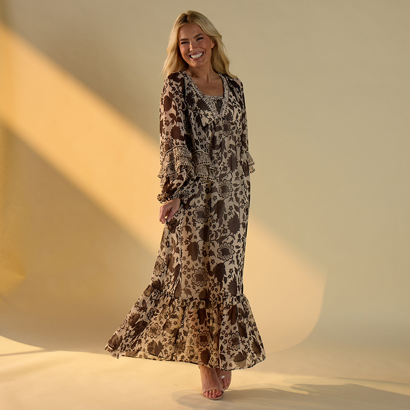long sleeve brown floral maxi dress Helen Long Sleeve Floral Maxi Dress