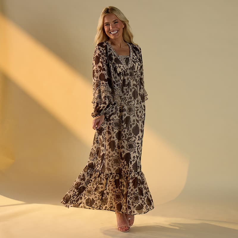max brown dress Drina Pleated Waist Long Sleeve Linen & Silk Dress (Women)