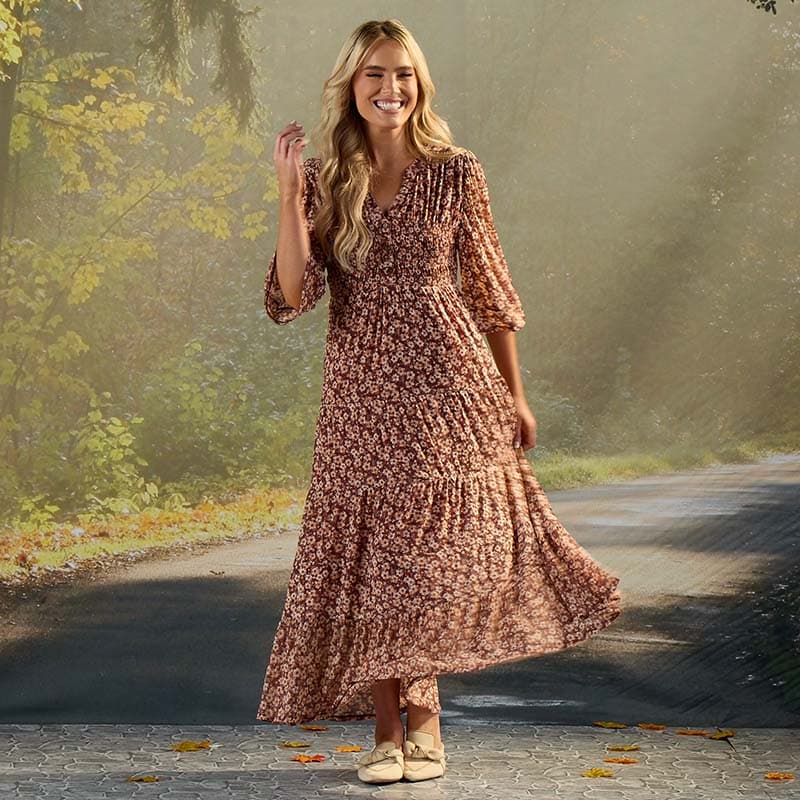 Brown and White Floral Mesh Dress - Cracker Barrel