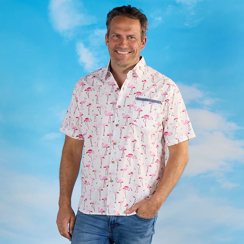 Short Sleeve Woven Flamingo White Shirt - Cracker Barrel