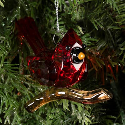 Glass Cardinal On Branch Ornament