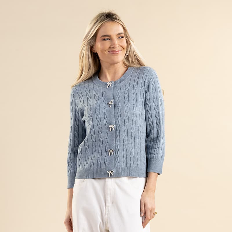 Blue Fine Gauge Bow Detail Cardigan - Cracker Barrel