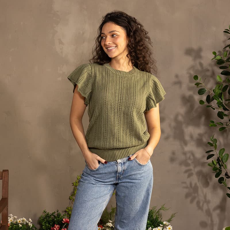 Olive Green Short Sleeve Sweater - Cracker Barrel