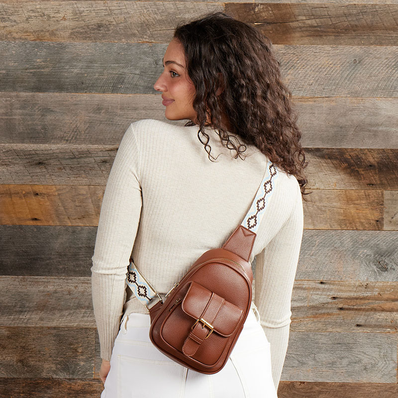 Classic Tobacco Brown Leather Sling Backpack - Women\'s 12” x 11”. Stylish Brown Leather Womens Backpack Sling Pack  main image 3